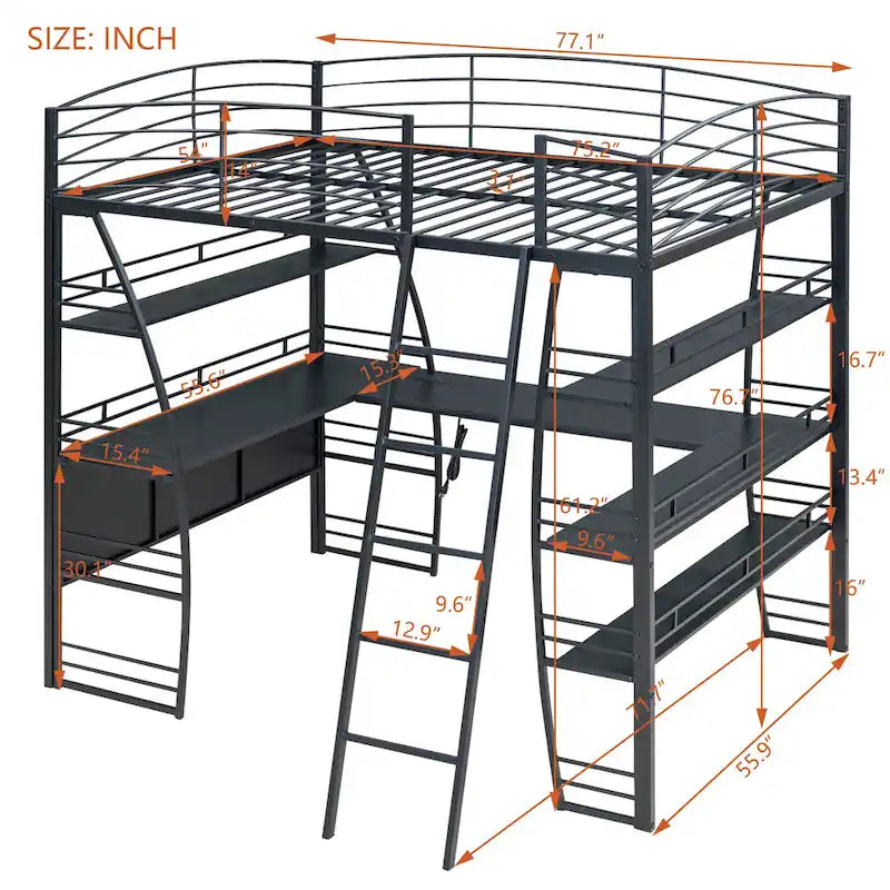 Metal Loft Bed Frame, Under Bed with 4 Layers of Shelves & L-shaped Desk, Desktop with Sockets, USB Ports, Wireless Charging