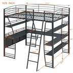 Metal Loft Bed Frame, Under Bed with 4 Layers of Shelves & L-shaped Desk, Desktop with Sockets, USB Ports, Wireless Charging