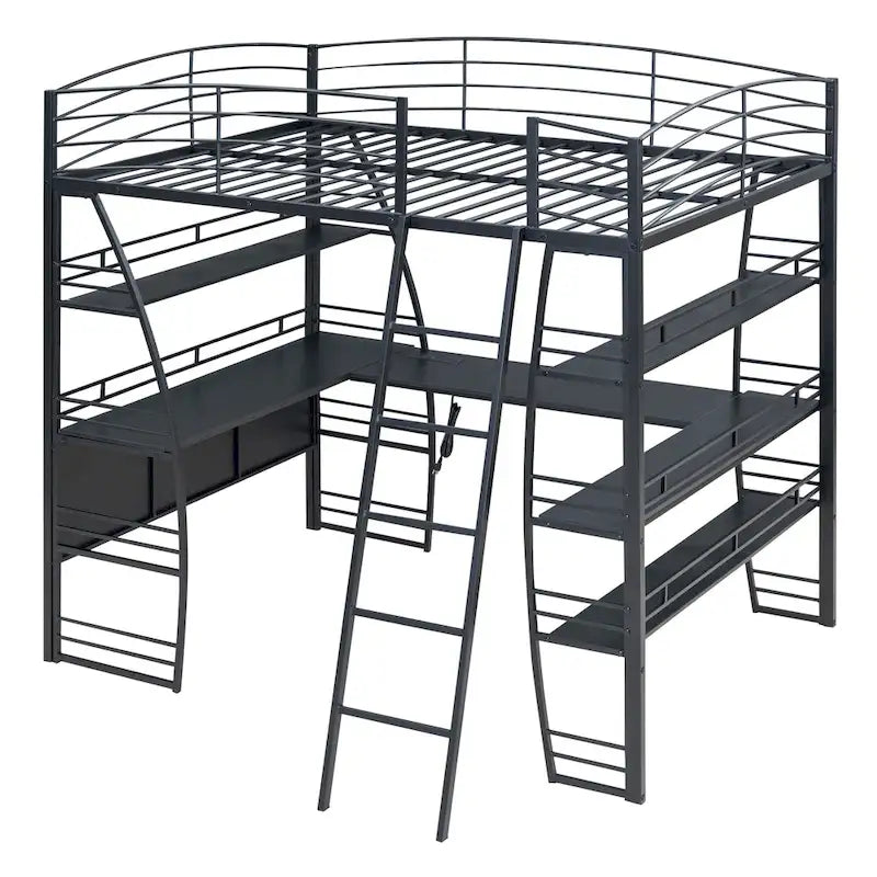 Metal Loft Bed Frame, Under Bed with 4 Layers of Shelves & L-shaped Desk, Desktop with Sockets, USB Ports, Wireless Charging