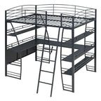 Metal Loft Bed Frame, Under Bed with 4 Layers of Shelves & L-shaped Desk, Desktop with Sockets, USB Ports, Wireless Charging