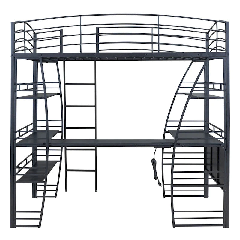 Metal Loft Bed Frame, Under Bed with 4 Layers of Shelves & L-shaped Desk, Desktop with Sockets, USB Ports, Wireless Charging