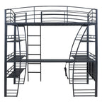 Metal Loft Bed Frame, Under Bed with 4 Layers of Shelves & L-shaped Desk, Desktop with Sockets, USB Ports, Wireless Charging