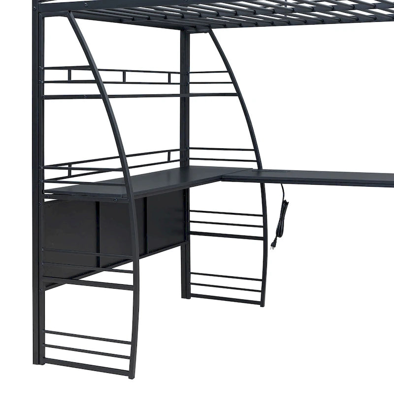 Metal Loft Bed Frame, Under Bed with 4 Layers of Shelves & L-shaped Desk, Desktop with Sockets, USB Ports, Wireless Charging