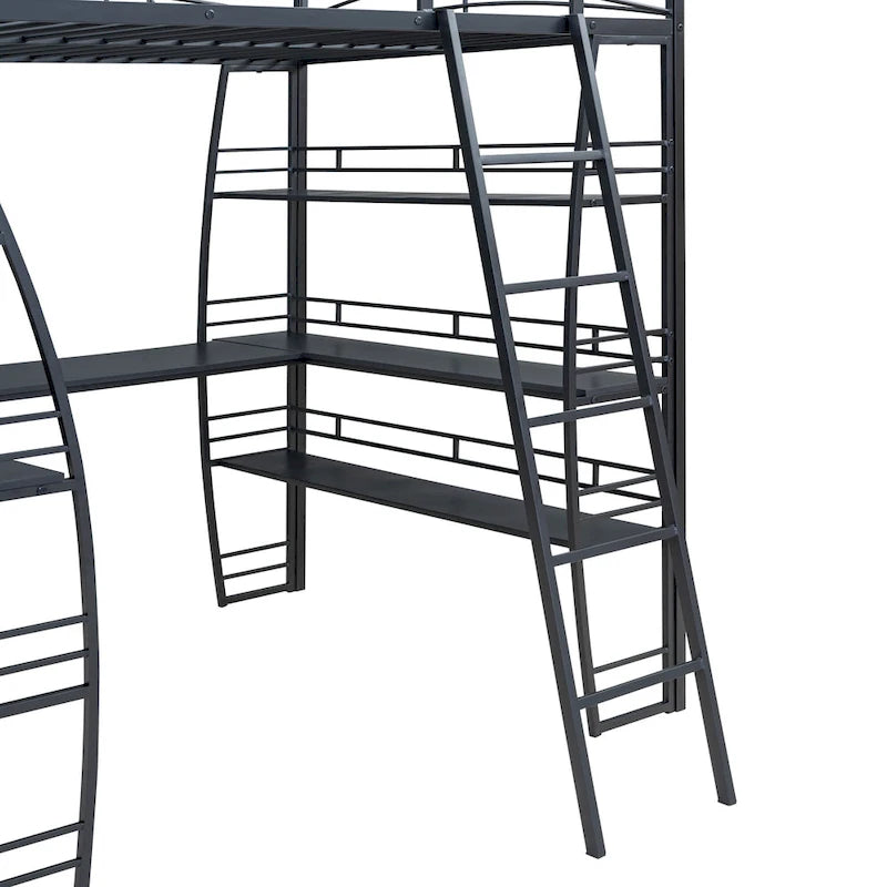 Metal Loft Bed Frame, Under Bed with 4 Layers of Shelves & L-shaped Desk, Desktop with Sockets, USB Ports, Wireless Charging