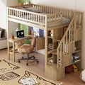 Solid Wood Loft Bed with Built-in Desk and LED, Twin Size Frame with Storage Shelves, Cabinets & Storage Staircase for Kids