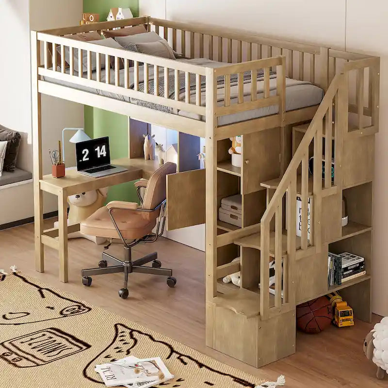 Solid Wood Loft Bed with Built-in Desk and LED, Twin Size Frame with Storage Shelves, Cabinets & Storage Staircase for Kids