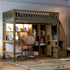 Solid Wood Loft Bed with Built-in Desk and LED, Twin Size Frame with Storage Shelves, Cabinets & Storage Staircase for Kids
