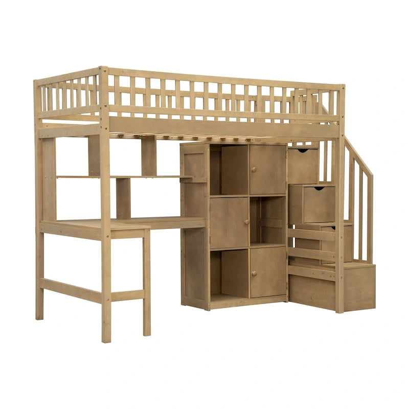 Solid Wood Loft Bed with Built-in Desk and LED, Twin Size Frame with Storage Shelves, Cabinets & Storage Staircase for Kids