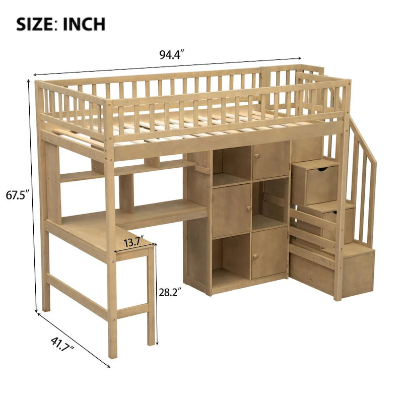 Solid Wood Loft Bed with Built-in Desk and LED, Twin Size Frame with Storage Shelves, Cabinets & Storage Staircase for Kids