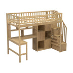 Solid Wood Loft Bed with Built-in Desk and LED, Twin Size Frame with Storage Shelves, Cabinets & Storage Staircase for Kids