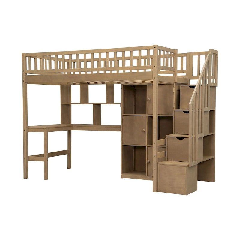 Solid Wood Loft Bed with Built-in Desk and LED, Twin Size Frame with Storage Shelves, Cabinets & Storage Staircase for Kids