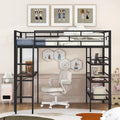 Metal Loft Bed with 3 Layers of Shelves and Desk, Kids High Loft Bed Frame, Whiteboard & Slatted Guardrails