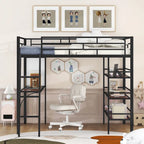 Metal Loft Bed with 3 Layers of Shelves and Desk, Kids High Loft Bed Frame, Whiteboard & Slatted Guardrails