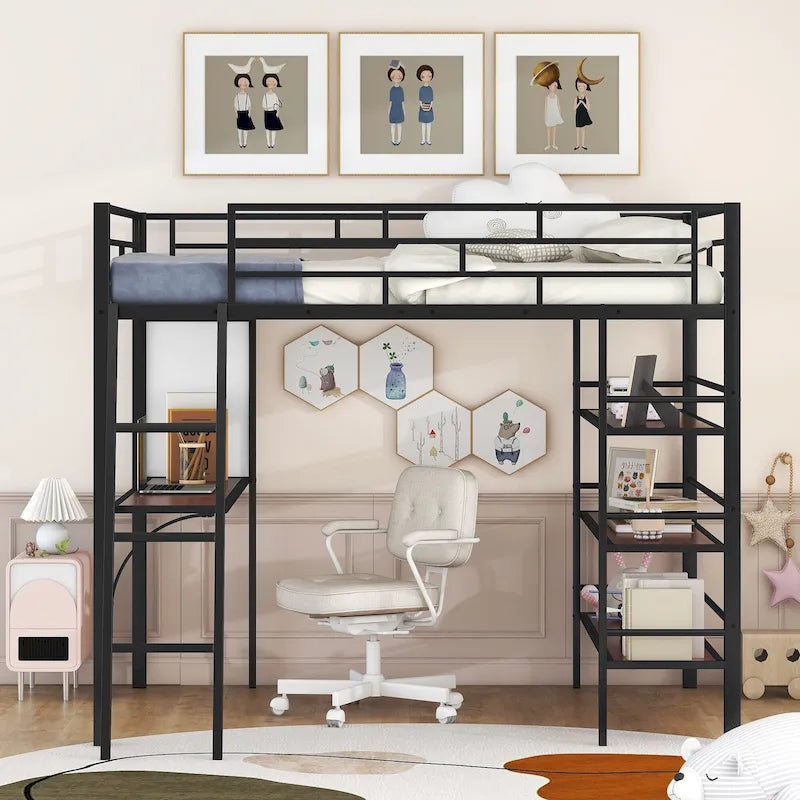 Metal Loft Bed with 3 Layers of Shelves and Desk, Kids High Loft Bed Frame, Whiteboard & Slatted Guardrails