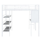Metal Loft Bed with 3 Layers of Shelves and Desk, Kids High Loft Bed Frame, Whiteboard & Slatted Guardrails