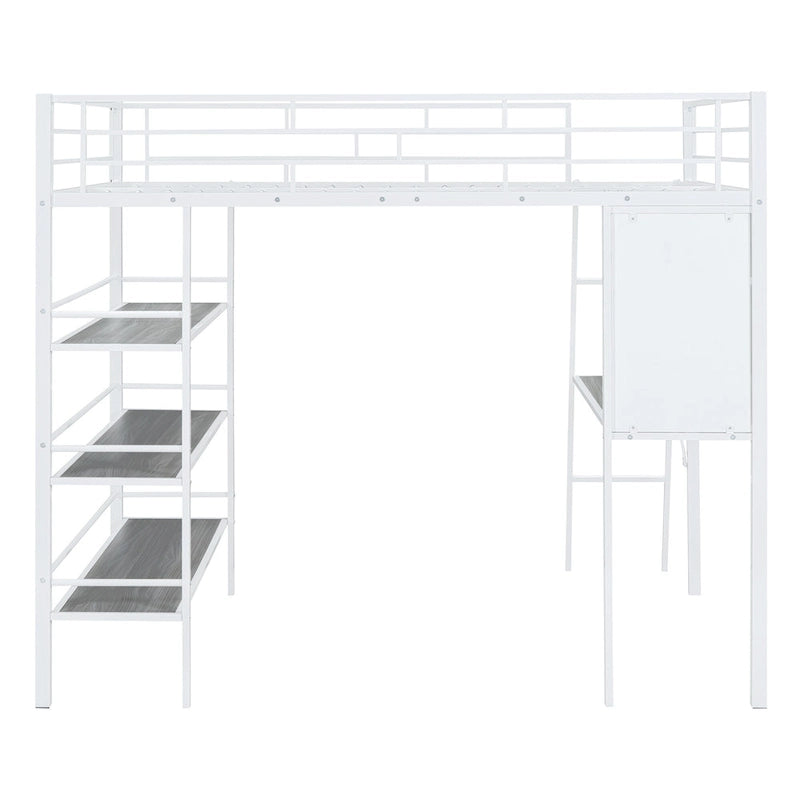Metal Loft Bed with 3 Layers of Shelves and Desk, Kids High Loft Bed Frame, Whiteboard & Slatted Guardrails