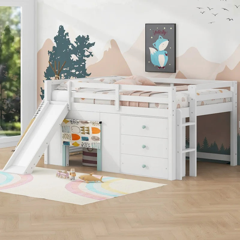 Wood Full Size Low Loft Bed Modern Kids Bedrooms Bed Frame with Slide, Three Storage Drawers and Two Doors for Boys, Girls
