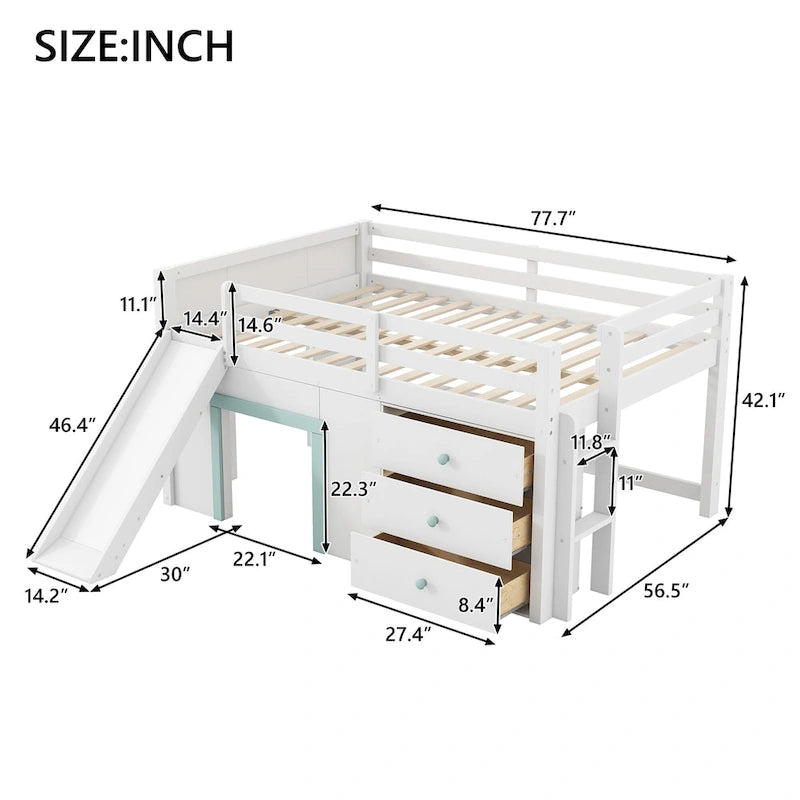 Wood Full Size Low Loft Bed Modern Kids Bedrooms Bed Frame with Slide, Three Storage Drawers and Two Doors for Boys, Girls