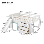Wood Full Size Low Loft Bed Modern Kids Bedrooms Bed Frame with Slide, Three Storage Drawers and Two Doors for Boys, Girls