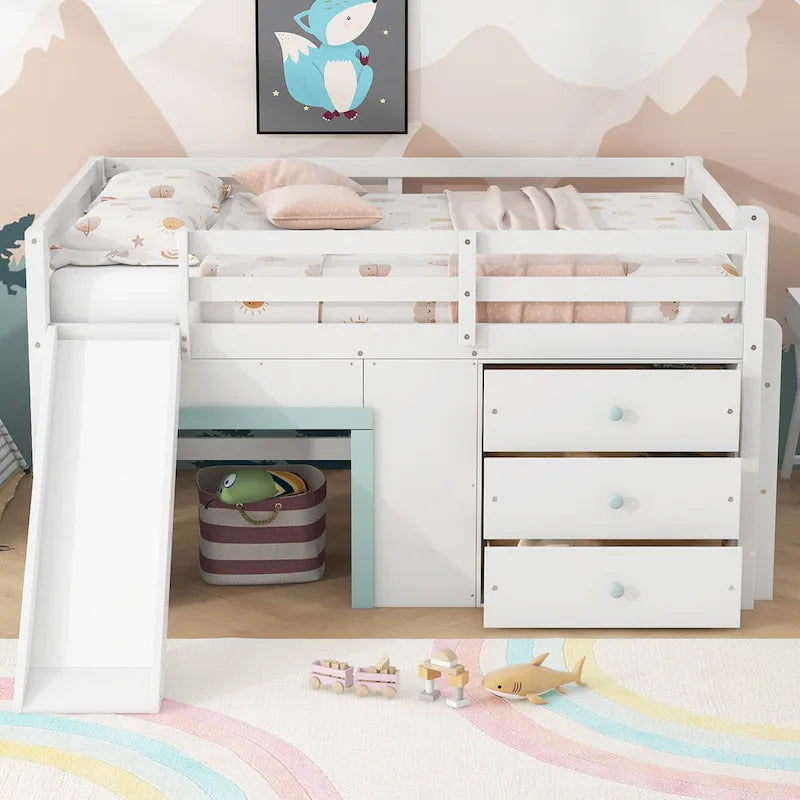 Wood Full Size Low Loft Bed Modern Kids Bedrooms Bed Frame with Slide, Three Storage Drawers and Two Doors for Boys, Girls
