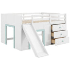 Wood Full Size Low Loft Bed Modern Kids Bedrooms Bed Frame with Slide, Three Storage Drawers and Two Doors for Boys, Girls