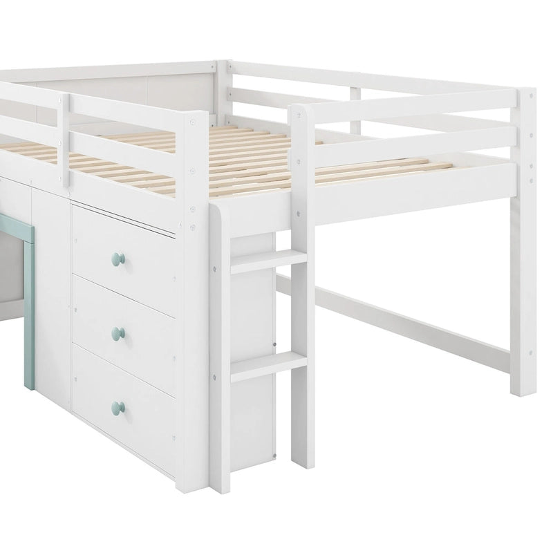 Wood Full Size Low Loft Bed Modern Kids Bedrooms Bed Frame with Slide, Three Storage Drawers and Two Doors for Boys, Girls