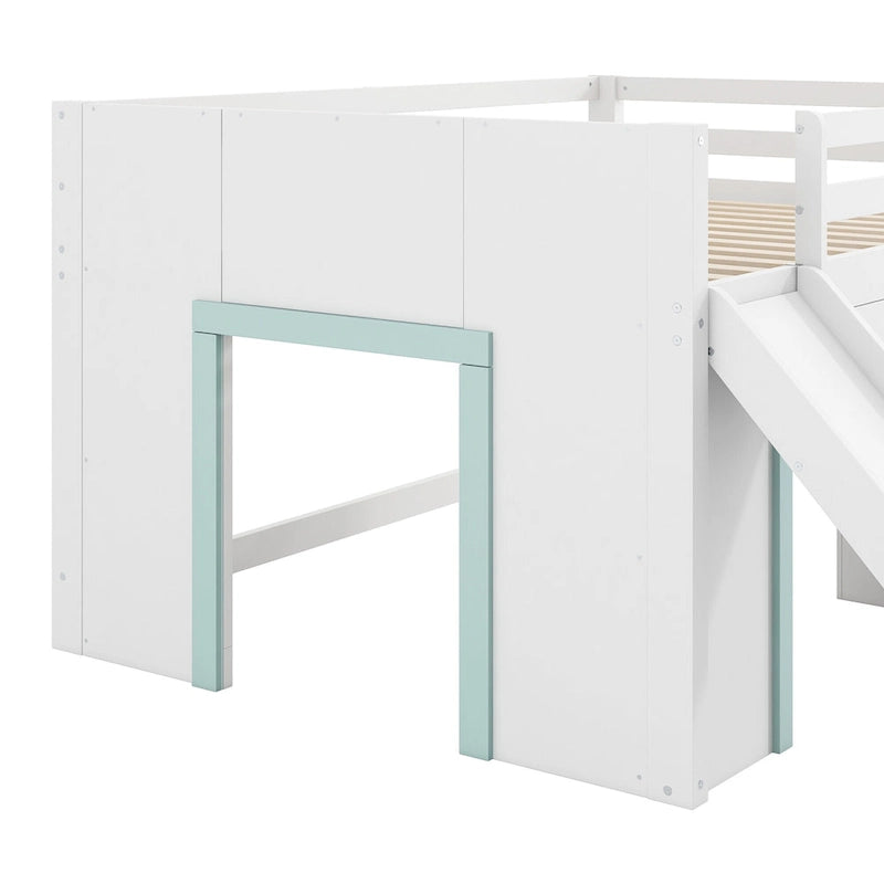 Wood Full Size Low Loft Bed Modern Kids Bedrooms Bed Frame with Slide, Three Storage Drawers and Two Doors for Boys, Girls