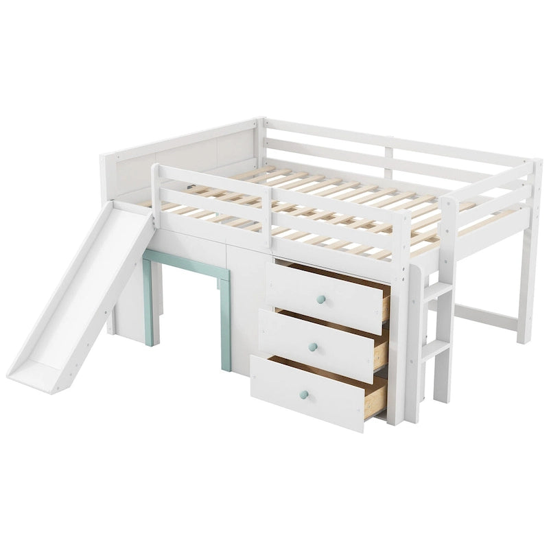 Wood Full Size Low Loft Bed Modern Kids Bedrooms Bed Frame with Slide, Three Storage Drawers and Two Doors for Boys, Girls