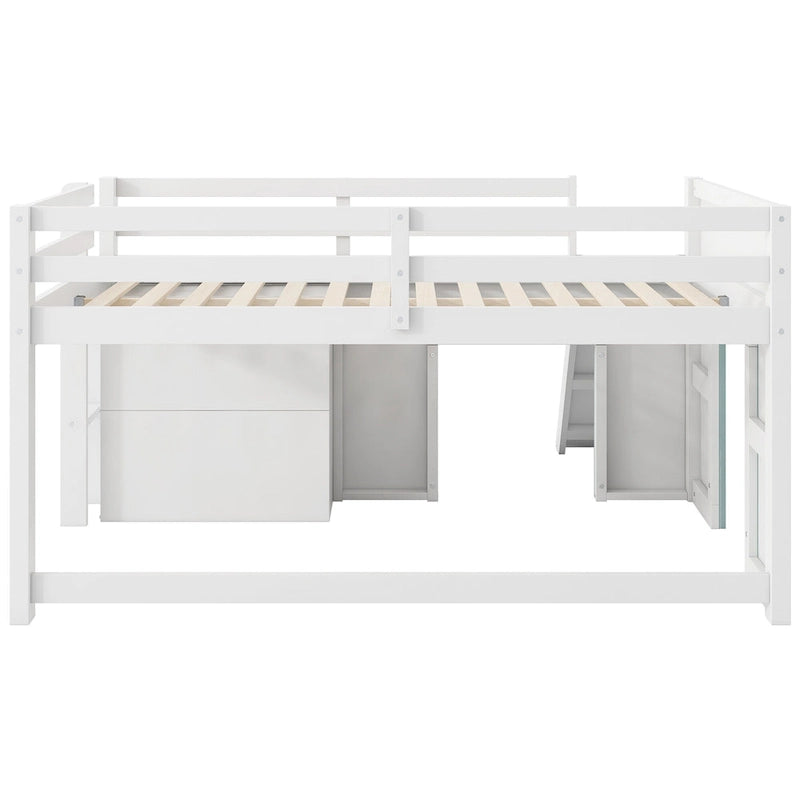 Wood Full Size Low Loft Bed Modern Kids Bedrooms Bed Frame with Slide, Three Storage Drawers and Two Doors for Boys, Girls