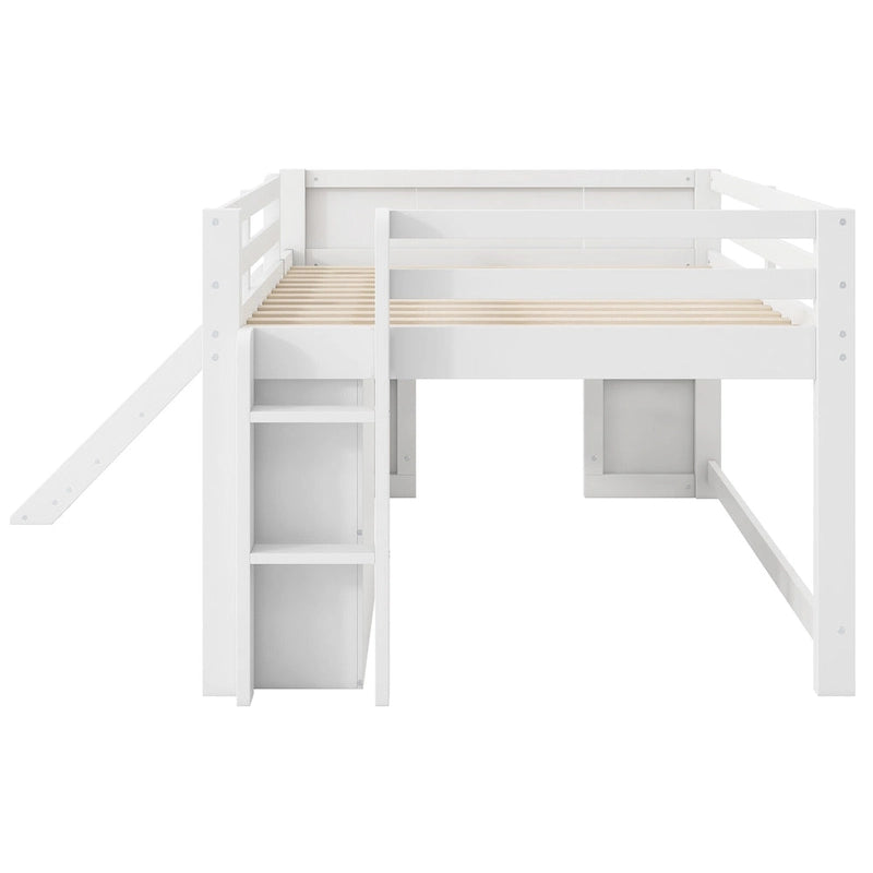 Wood Full Size Low Loft Bed Modern Kids Bedrooms Bed Frame with Slide, Three Storage Drawers and Two Doors for Boys, Girls