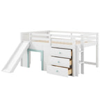 Wood Full Size Low Loft Bed Modern Kids Bedrooms Bed Frame with Slide, Three Storage Drawers and Two Doors for Boys, Girls