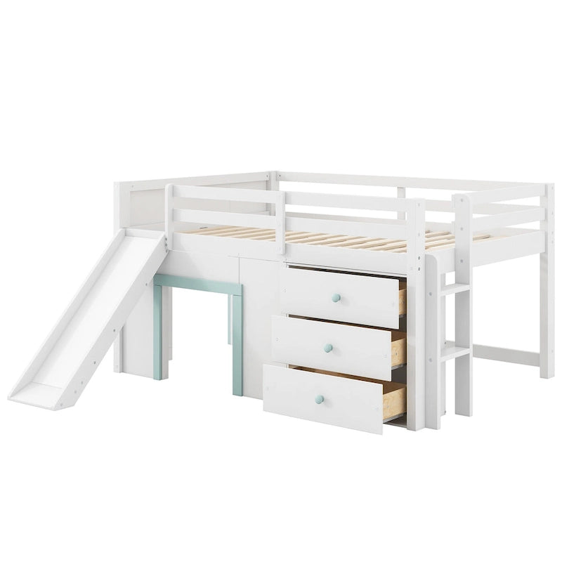 Wood Full Size Low Loft Bed Modern Kids Bedrooms Bed Frame with Slide, Three Storage Drawers and Two Doors for Boys, Girls