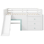 Wood Full Size Low Loft Bed Modern Kids Bedrooms Bed Frame with Slide, Three Storage Drawers and Two Doors for Boys, Girls