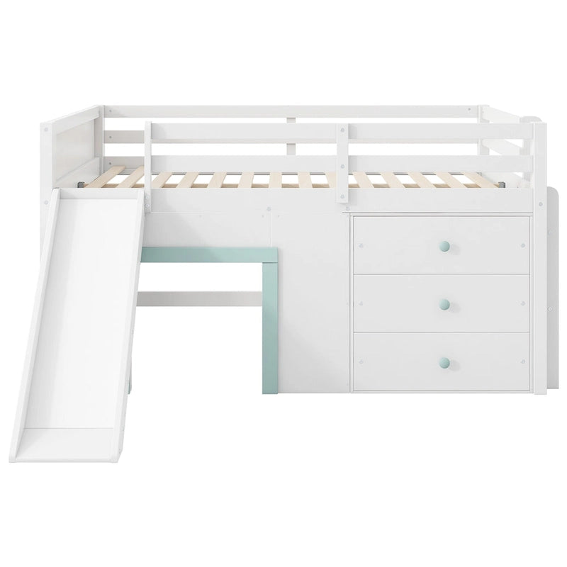 Wood Full Size Low Loft Bed Modern Kids Bedrooms Bed Frame with Slide, Three Storage Drawers and Two Doors for Boys, Girls