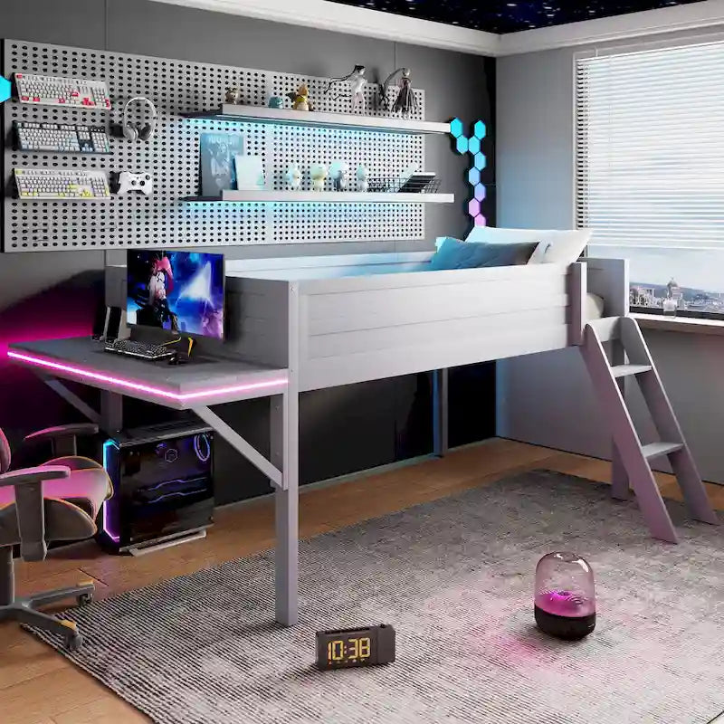 Twin Size Wood Gaming Loft Bed with LED Desk (250lb Capacity)