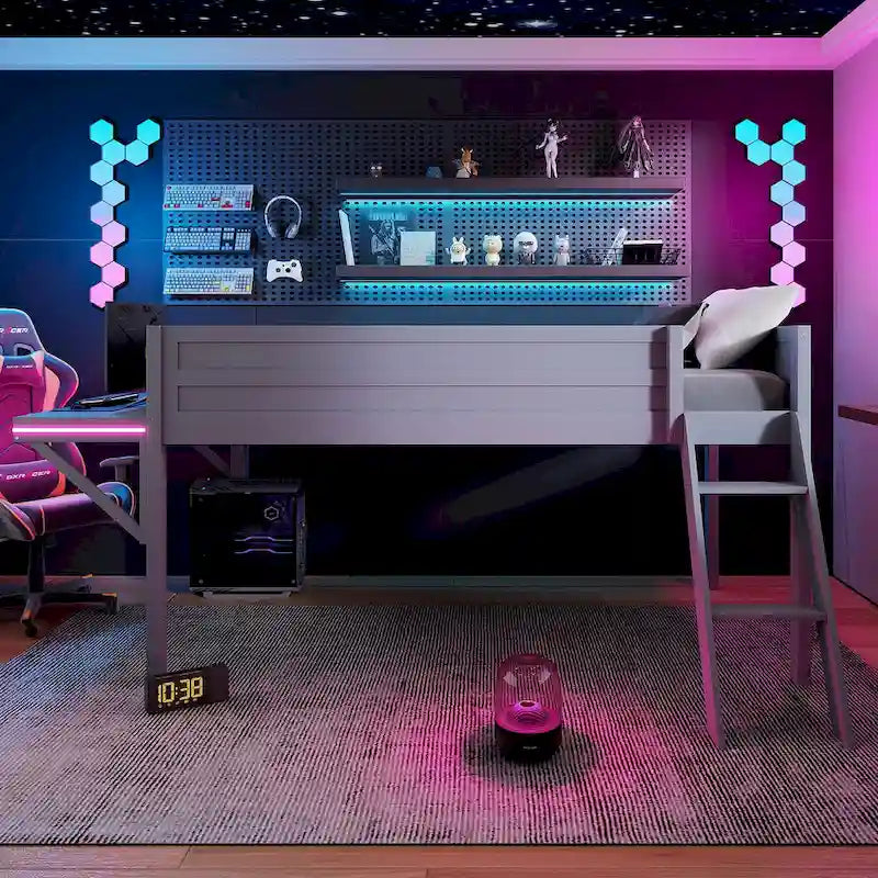 Twin Size Wood Gaming Loft Bed with LED Desk (250lb Capacity)