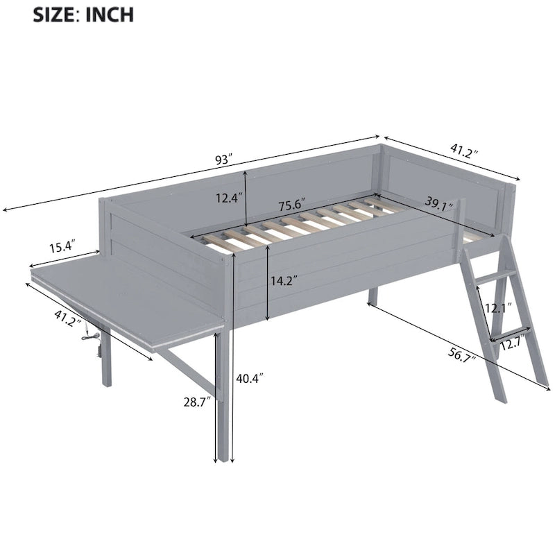 Twin Size Wood Gaming Loft Bed with LED Desk (250lb Capacity)