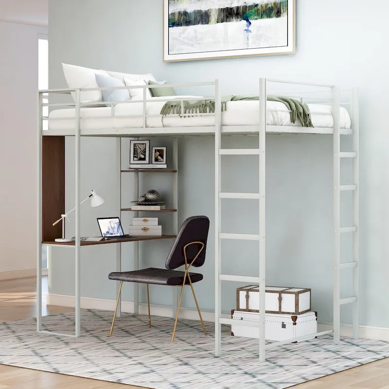 Twin Size Metal Loft Bed with Ladder, Fence, Shelves and Desk