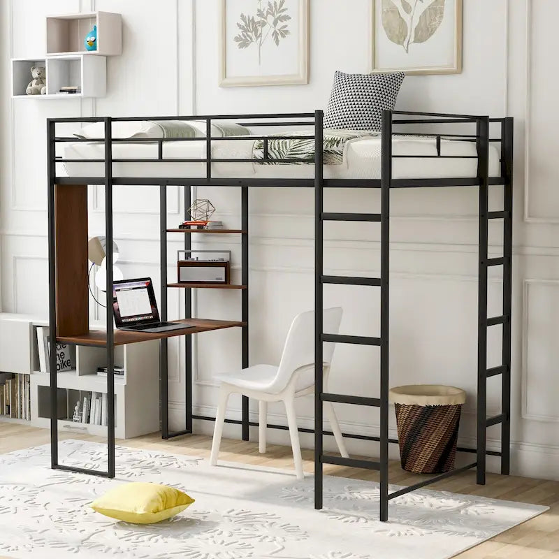 Twin Size Metal Loft Bed with Ladder, Fence, Shelves and Desk