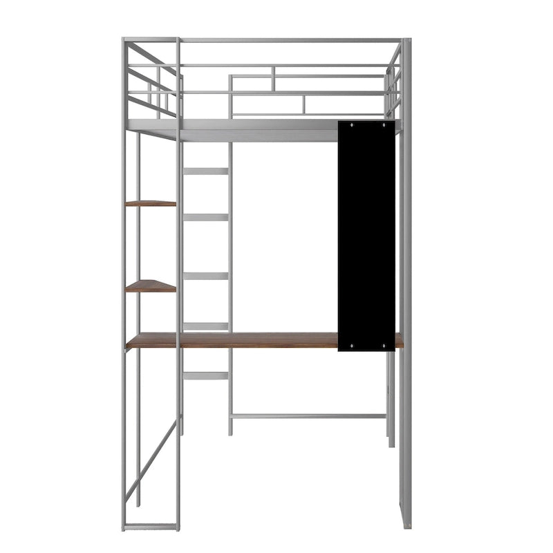 Twin Size Metal Loft Bed with Ladder, Fence, Shelves, and Desk