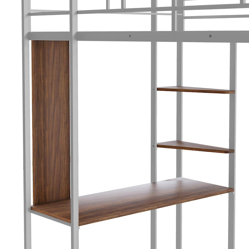 Twin Size Metal Loft Bed with Ladder, Fence, Shelves and Desk