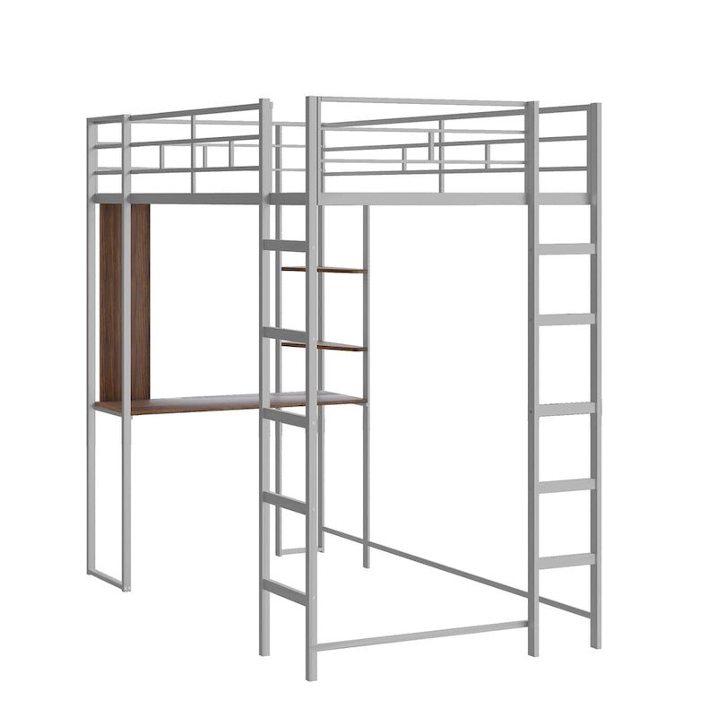 Twin Size Metal Loft Bed with Ladder, Fence, Shelves and Desk
