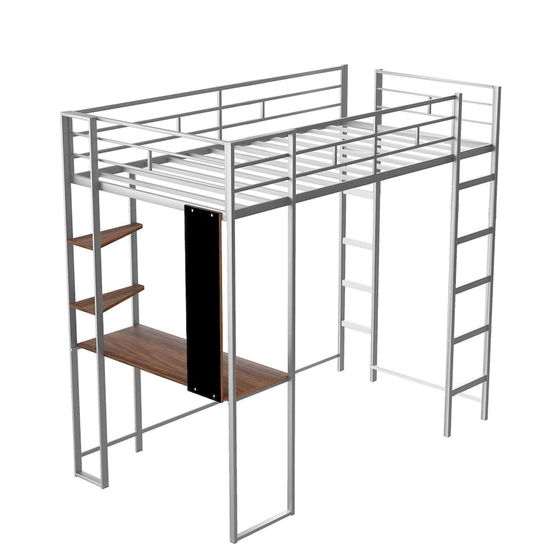 Twin Size Metal Loft Bed with Ladder, Fence, Shelves and Desk