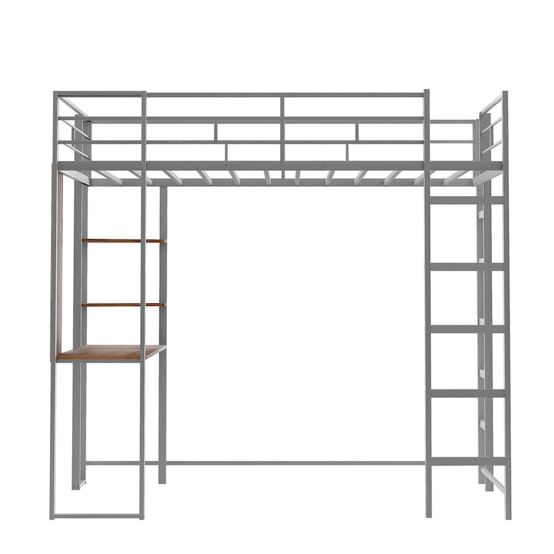 Twin Size Metal Loft Bed with Ladder, Fence, Shelves and Desk