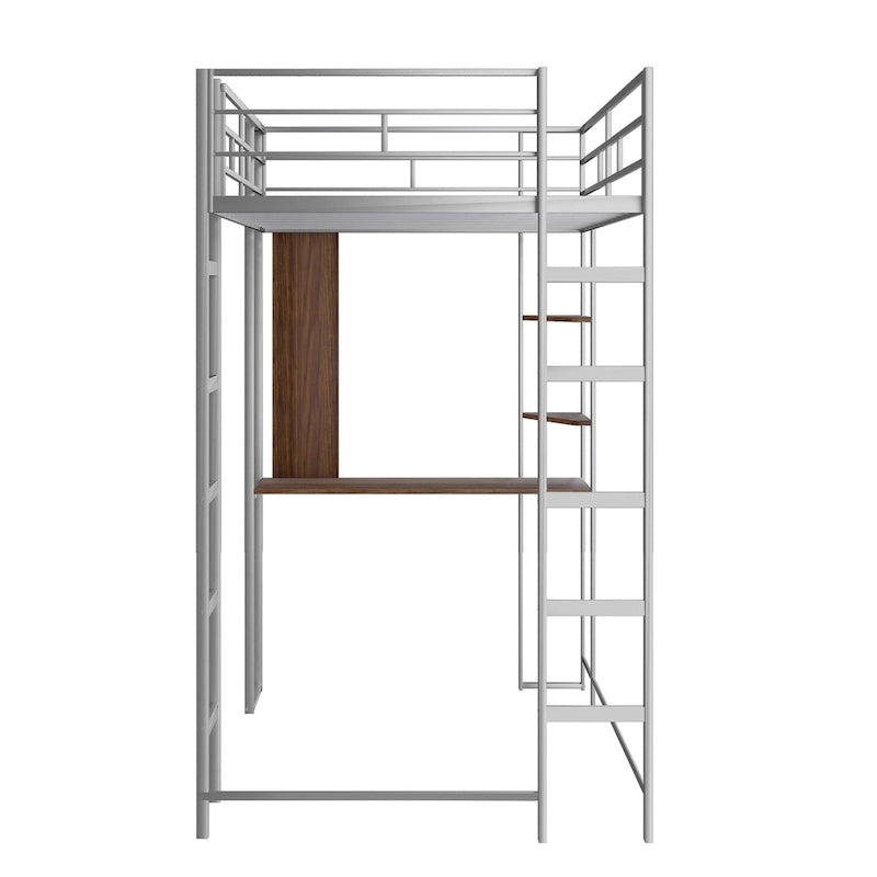 Twin Size Metal Loft Bed with Ladder, Fence, Shelves and Desk