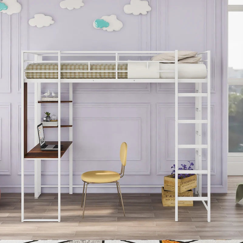 Twin Size Metal Loft Bed with Ladder, Fence, Shelves and Desk