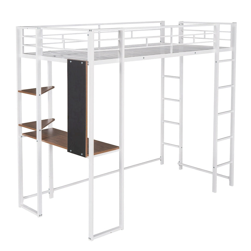 Twin Size Metal Loft Bed with Ladder, Fence, Shelves and Desk