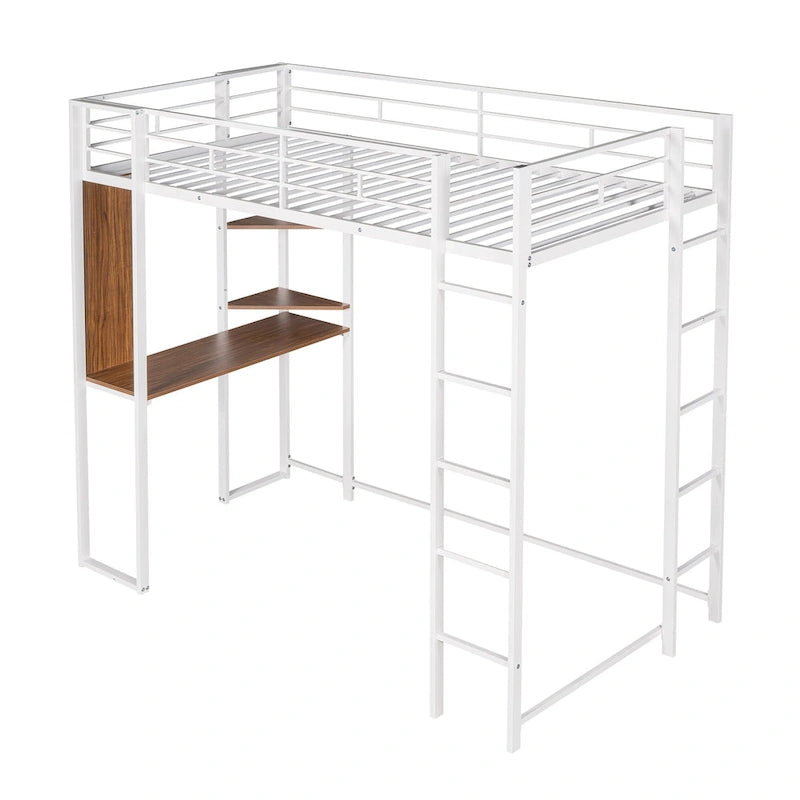 Twin Size Metal Loft Bed with Ladder, Fence, Shelves and Desk