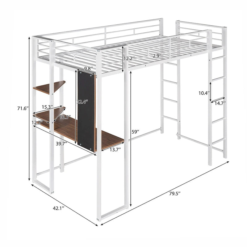 Twin Size Metal Loft Bed with Ladder, Fence, Shelves and Desk