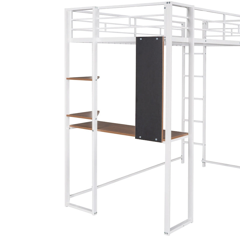 Twin Size Metal Loft Bed with Ladder, Fence, Shelves and Desk